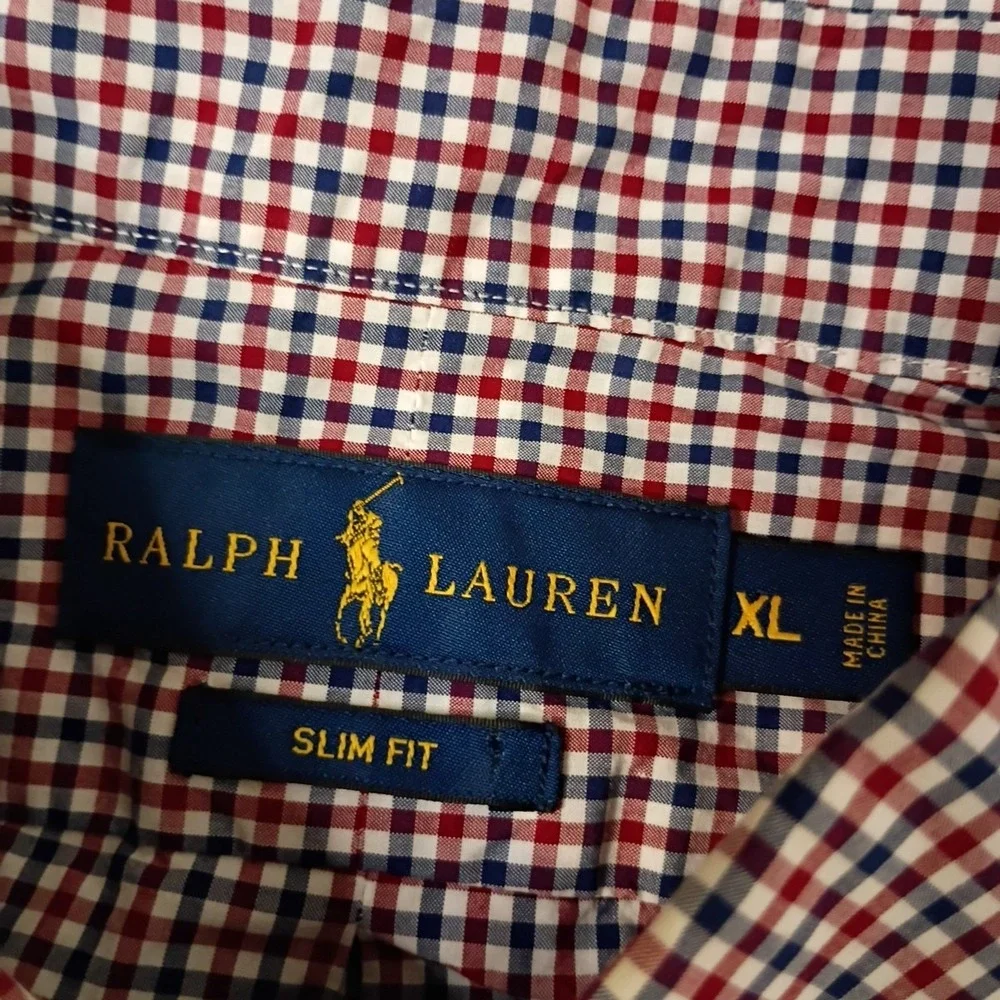 Polo Ralph Lauren Shirt Mens‎ XL Slim Fit Red White Blue Gingham Check Pony